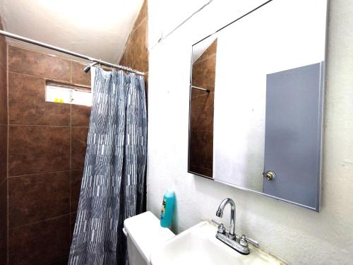y baño con lavabo y ducha con espejo. en Área Consulado y CAS 1 persona - D8, en Nuevo Laredo