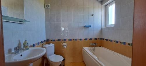 a bathroom with a sink and a toilet and a bath tub at Villa Byala Grape House in Byala