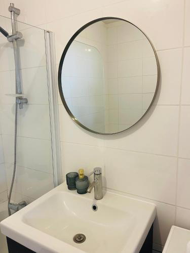 une salle de bain avec un lavabo et un miroir dans l'établissement Maison 50 m2, à 5 minutes de Paris et idéal pour Disney, à Montreuil