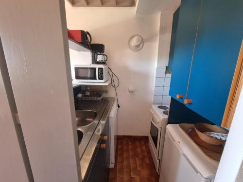 une petite cuisine avec un évier et un micro-ondes dans l'établissement TB Porticcio vue mer, à Grosseto-Prugna