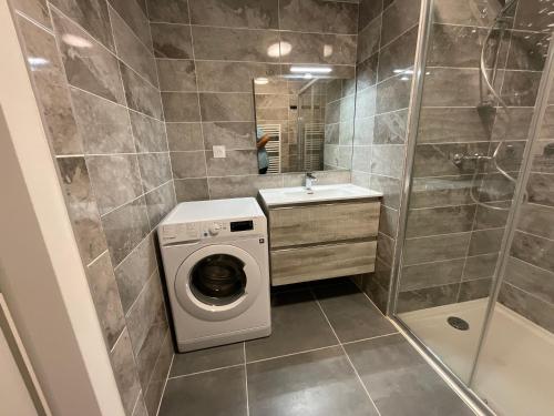 a bathroom with a washing machine and a shower at Appartement au pied du Mont-Blanc 2! in Sallanches