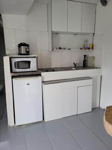 uma cozinha branca com um micro-ondas e um frigorífico em Hamidani jkkld em Aureilhan
