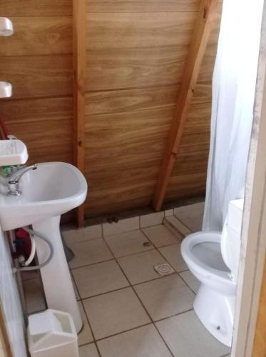 a bathroom with a sink and a toilet at Cabañas Las Acacias in Trevelín
