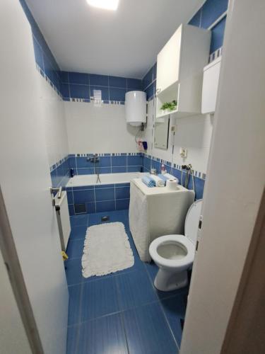 e bagno piastrellato blu con servizi igienici e vasca. di Stan na dan Ivana a Užice