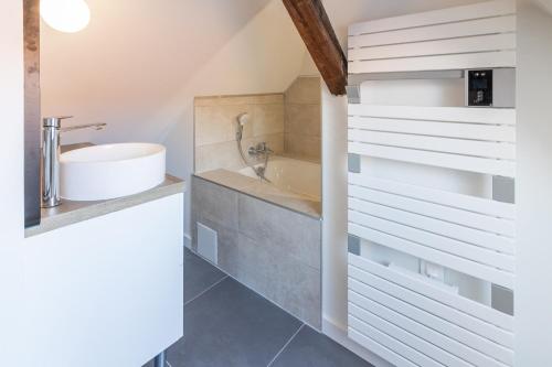 une salle de bain avec un lavabo et une baignoire dans l'établissement Magnifique appartement duplex climatisé de 40m², à Nancy
