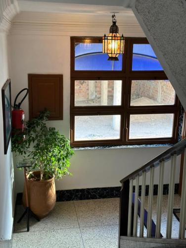 a stairway with a potted plant and a window at Hôtel National in Al Hoceïma