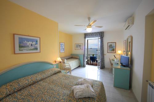 um quarto de hotel com uma cama e uma televisão em Hotel Solemare Beach & Beauty SPA em Ischia