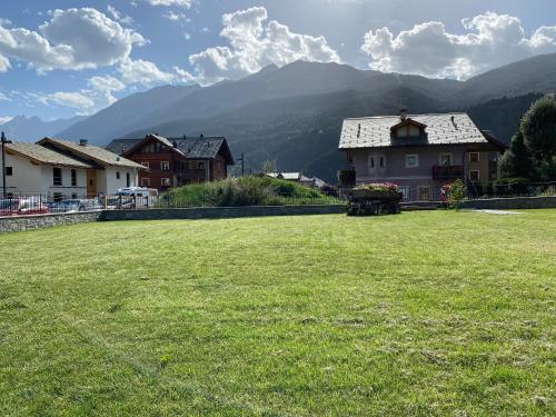 a green field with houses and mountains in the background at Appartamento 'Reit' - Bormio - giardino, parcheggio, Wi-fi in Bormio