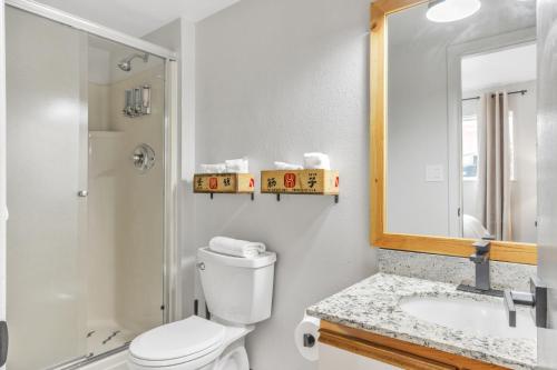 a bathroom with a toilet and a sink and a mirror at Highliner Hotel- King Suite #111 Hotel Room in Anchorage