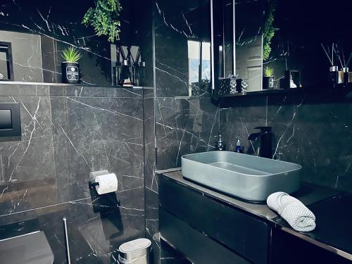 een badkamer met een blauwe wastafel op een aanrecht bij Fernway Residence entire property in Cork