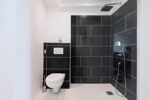 ニースにあるGrand appartement- Le Port A/Cの黒のバスルーム(トイレ、シャワー付)