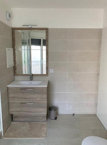 een badkamer met een wastafel en een spiegel bij Very nice 40 m quiet in Suresnes with parking in Suresnes