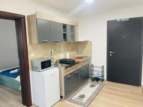 a small kitchen with a microwave on a refrigerator at Apartman Jela Srebrno jezero in Ostrovo