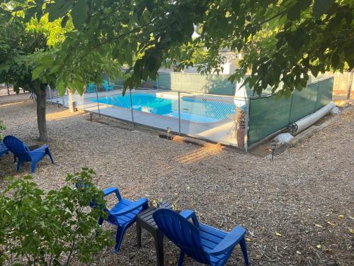 a group of blue chairs next to a swimming pool at Clearlake Cabins in Clearlake