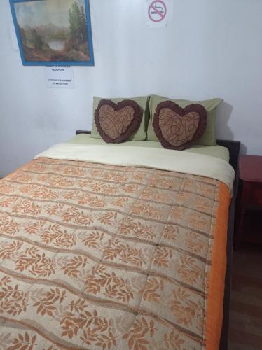 Una cama con dos almohadas encima. en ESCOCIE-PLAZA G, en Quito