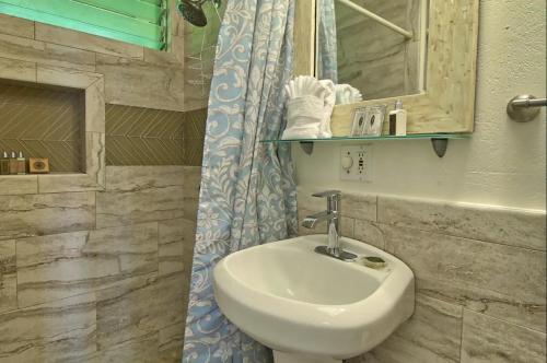 een badkamer met een wastafel en een douchegordijn bij Condos in Kapa'a Sands in Kapaa