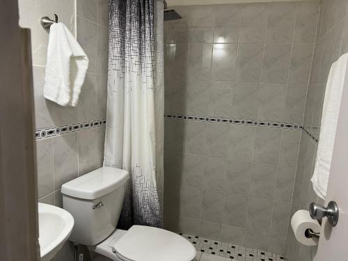 een badkamer met een wit toilet en een wastafel bij Blu Lime Apartments in San Juan