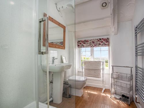 a bathroom with a sink and a toilet and a window at Mayrose Cottage in Lanteglos