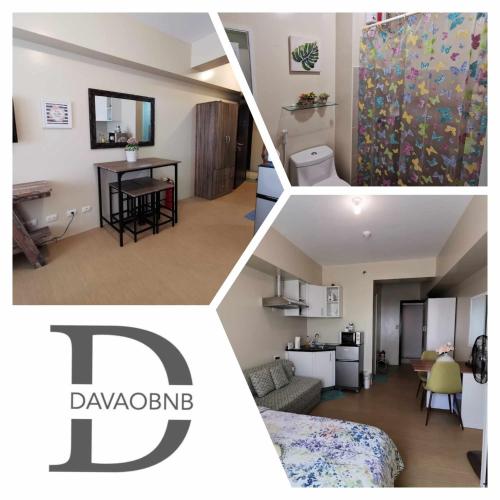 three pictures of a living room and a bedroom at Avida Davao by davaobnb & Lemonique Homes in Davao City