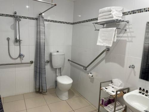 bagno bianco con servizi igienici e lavandino di Millthorpe Motel a Millthorpe