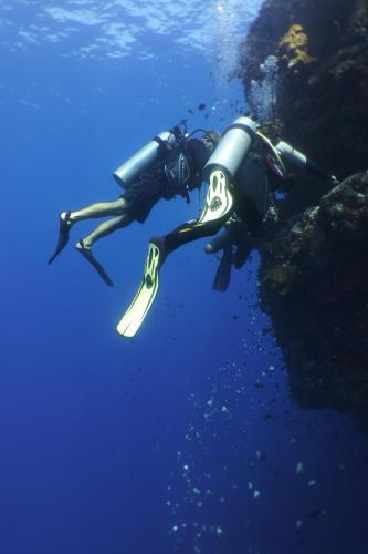un plongeur dans l'eau avec un dispositif de plongée dans l'établissement Bunaken Sea Garden Resort, à Bunaken