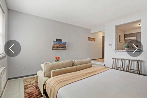uma sala de estar com uma cama e um sofá em Modern NorthSide Studio Gem em Chicago