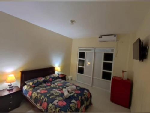 朵索巴的住宿－Hostería Luz Del Mar，一间卧室配有一张床、一台电视和一个窗口