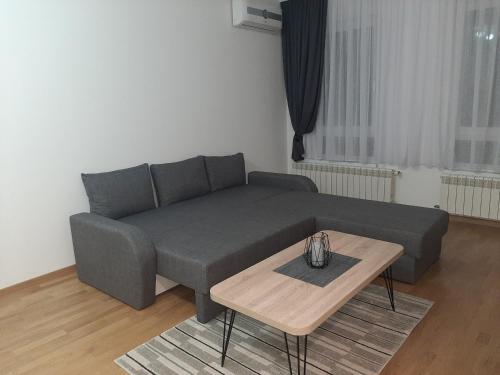 a living room with a couch and a coffee table at APARTMAN VIAGGIO i PARKING GARAŽA in Sremska Mitrovica