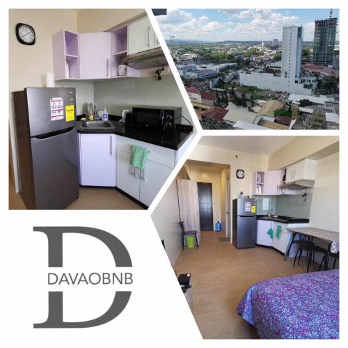 a collage of three pictures of a kitchen and a room at Avida Davao by davaobnb & Lemonique Homes in Davao City