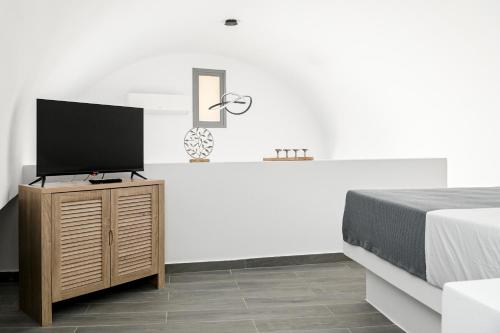 a bedroom with a bed and a flat screen tv at Villa Eleana in Monolithos