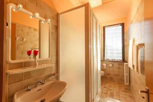 bagno con lavandino, servizi igienici e specchio di Hotel Mistrello di Savoia a Borgo Val di Taro