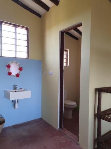 a bathroom with a toilet and a sink at Jua Peponi in Michamvi