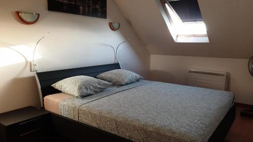 une chambre avec un lit avec deux oreillers dessus dans l'établissement Chaleureux duplex en Alsace, à Mulhouse