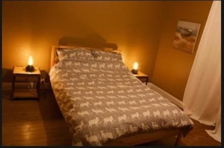 a bedroom with a bed and two tables with candles at The Old School House in Céaucé