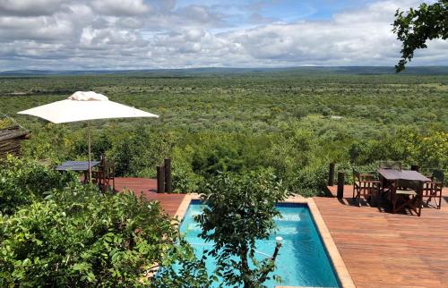 una piscina con sombrilla, mesa y sillas en Bushwa Private Game Lodge, en Vaalwater