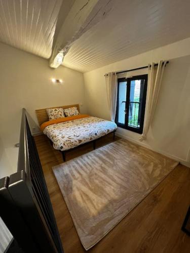 um quarto com uma cama, uma televisão e uma janela em La maison d’Hélèna em Montauban