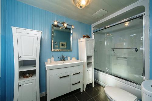 a bathroom with a white sink and a shower at Maison des lilas in La Malbaie