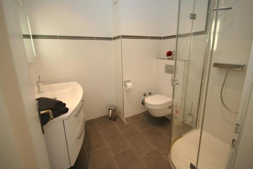 La salle de bains est pourvue de toilettes et d'une douche en verre. dans l'établissement Haus Deichgraf Whg 12, à Grömitz