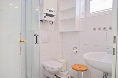 een witte badkamer met een toilet en een wastafel bij Möwenstraße Haus 8 inkl WLAN in Grömitz