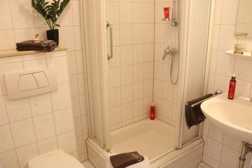 uma casa de banho com um chuveiro, um WC e um lavatório. em Am Brandungsbad App 1 1 inkl WLAN em Grömitz