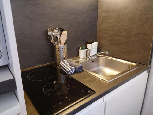 une cuisine avec un évier et un plan de travail dans l'établissement Le petit studio senlisien, à Senlis