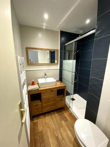 une salle de bain avec toilettes, lavabo et douche dans l'établissement Maison Sablaise 50m Grande Plage, à Les Sables-dʼOlonne