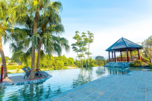 una piscina con cenador y palmeras en Đồng Chanh Villa Venuestay, en Hòa Bình