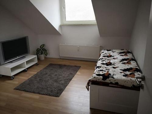 - une chambre avec un lit, une télévision et un tapis dans l'établissement Zentrum, helle und ruhige möblierte DG-Wohnung zwischen Steintor und Uni, à Hanovre