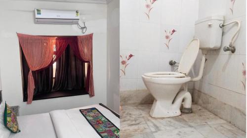- deux photos d'une salle de bains avec toilettes et fenêtre dans l'établissement Jaisalmer Hotel Meotrips, à Jaisalmer