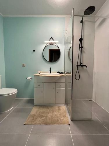 a bathroom with a sink and a mirror and a toilet at Casa Oliveira - Algarve in Porches