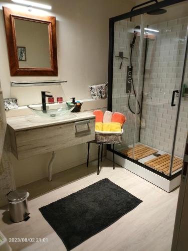 une salle de bain avec un lavabo et une douche avec un miroir dans l'établissement home edwige, à Fresse