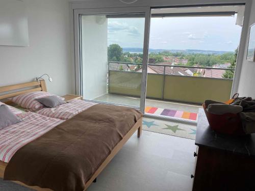 ein Schlafzimmer mit einem Bett und einem großen Fenster in der Unterkunft Guck zum Bodensee in Uhldingen-Mühlhofen