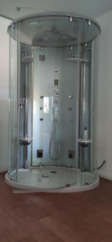 a shower in a room with a glass wall at Meerhotel Großenbrode in Großenbrode