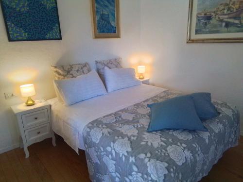 a bedroom with a bed with blue pillows and two lamps at ANITA B&B in Uscio